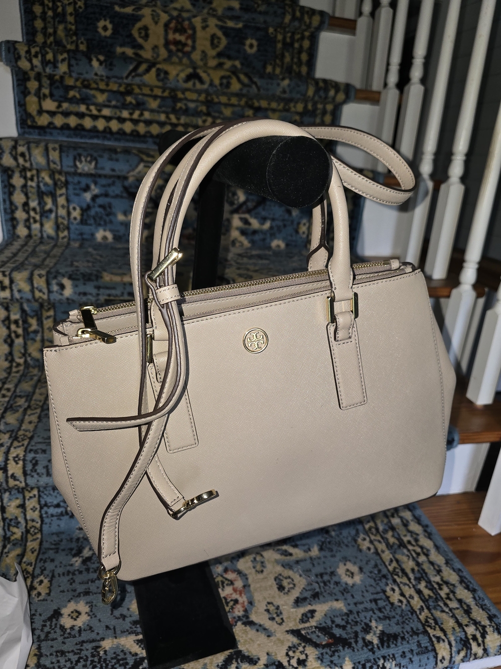 Tory Burch Robinson In French gray Saffiano Leather Satchel with Gold Hardware